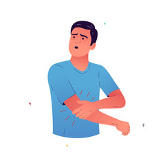 Vector illustration of a man who is experiencing pain in his elbow. The man's pain in his arm does not subside. The man cannot bend his arm. Symptoms of neuropathic pain, arthritis, infection, cancer.