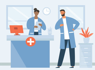 Medicine workers concept. Man and woman in medical uniforms at workplace.