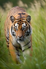 Bengal tiger walking among tall grass. Generative AI vertical shot