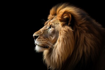Fototapeta na wymiar Majestic side view head shot of lion over black background with copy space. Generative AI