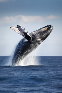 Amazing whale jumping in the ocean. Generative AI vertical shot