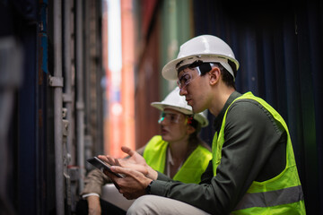 Engineer or Foreman using reality glasses simulation working with hologram control or check inventory details of containers box in container yard reality development process concept