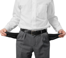 Businessman with empty pockets isolated on white
