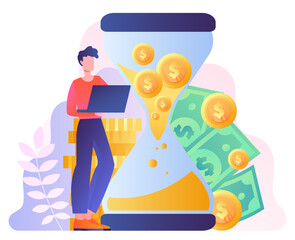 Money time concept. Man with laptop stands next to money and hourglass. Successful entrepreneur or businessman, rich young guy. Passive income and efficiency. Cartoon flat vector illustration