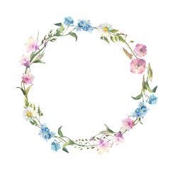 Obraz na płótnie Canvas Floral wreath. Watercolor field flower round frame. Wildflowers. Meadow flowers circle border