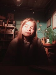 A girl in a room and warm rays of sunshine