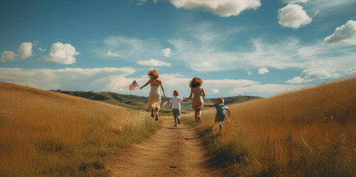 Family runs through a beautiful landscape, holding American flags in their hands. Generative AI