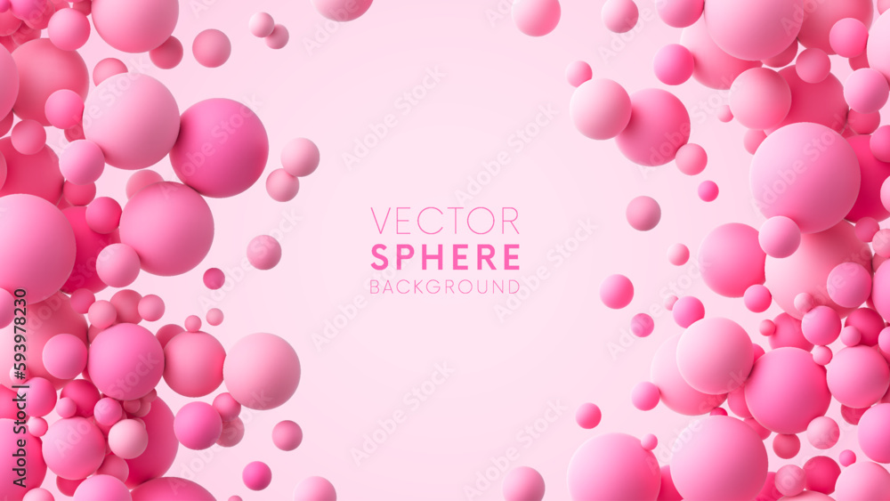 Poster abstract background with pink matte soft chaotic balls in different sizes. pink random flying sphere