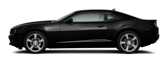 Modern powerful american muscle car in black color. Side view on a transparent background, in PNG format.
 - obrazy, fototapety, plakaty