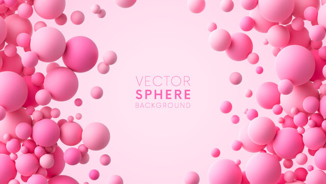 Abstract background with pink matte soft chaotic balls in different sizes.  Pink random flying spheres. Vector background