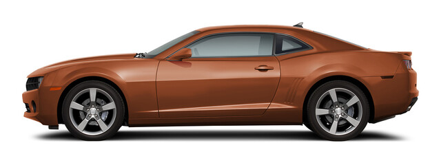 Modern powerful american muscle car in brown color. Side view on a transparent background, in PNG format.