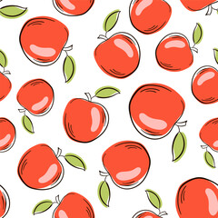 Apple line art, flat style seamless pattern. Hand drawn fresh apple. Vector sketch background. Color doodle wallpaper.