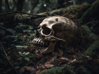 Obraz premium Human skull in on a forest floor, ai generative