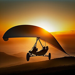 Hang gliding at sunset. Generative AI.