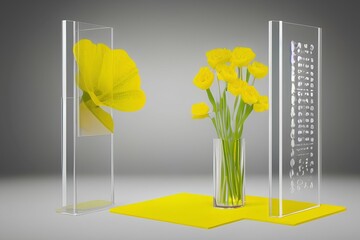 Minimal scene of ribbed glass podium and flower on a yellow background.  - generative ai
