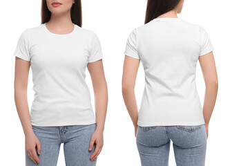 Woman wearing casual t-shirt on white background, closeup. Collage with back and front view photos....