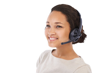 Call center, headset and face of black woman with smile on isolated, png and transparent...