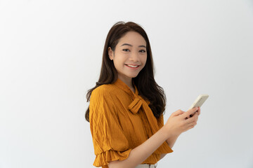Naklejka premium working woman, Portrait of smiling Asia girl in work clothes using mobile phone, freelance, out site, research, copy space, happy cheerful cute business, positive energy, Business plan, executive