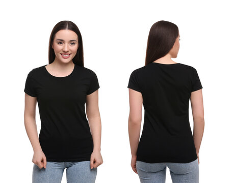 Woman wearing casual black t-shirt on white background, mockup for design. Collage with back and front view photos