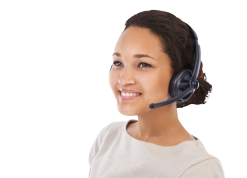 Call center, headset and face of black woman with smile on isolated, png and transparent background. Business, communication and happy female worker in consulting, customer service and crm support