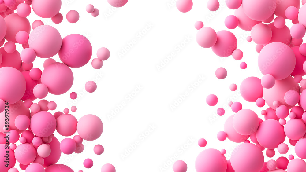 Poster abstract background with pink matte soft chaotic balls in different sizes. pink random flying sphere