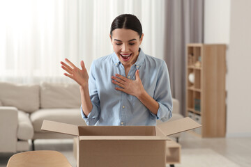 Emotional young woman with opened parcel at home. Internet shopping