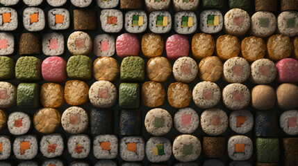 Seamless pattern with sushi. Food abstract background. Sushi on the black background. Al generated