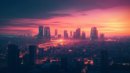 Obraz premium Bright futuristic towers on a dark background. Al generated