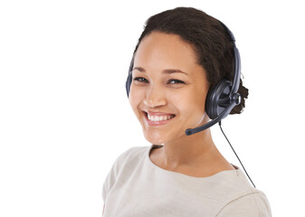 Call center, headset and portrait of woman on isolated, png and transparent background. Business...