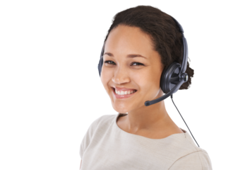 Call center, headset and portrait of woman on isolated, png and transparent background. Business face, communication and mic for happy female worker for consulting, customer service and crm support