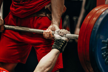 bench press powerlifting competition, hand athlete powerlifter hold barbell bar