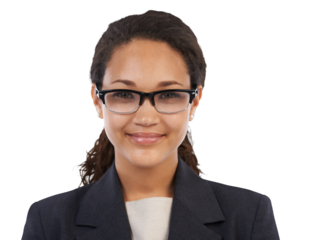 Professional woman, glasses and portrait with vision and face isolated on transparent or png background. Headshot, fashion eyewear and optometry with corporate employee and smart business female