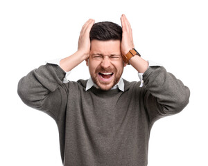 Emotional handsome bearded businessman on white background