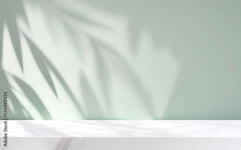 Leinwandbilder Minimalistic light background with blurred foliage shadow on a light wall. Beautiful background for presentation with with marble floor.