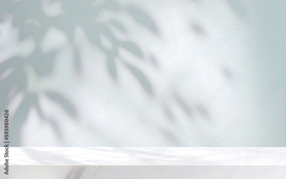 Poster minimalistic light background with blurred foliage shadow on a light blue wall. beautiful background