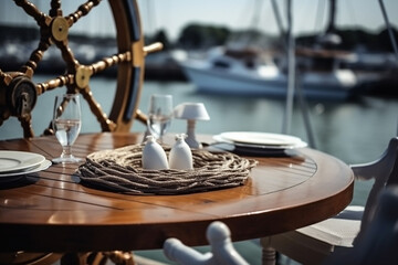 Table served on a deck of a yacht. Generative AI