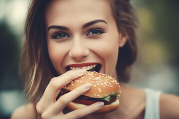 Pretty young caucasian woman biting hamburger, outdoors. Generative AI