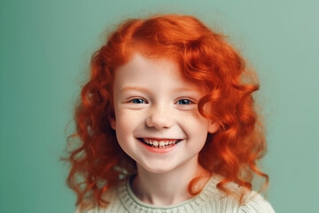 Little smiling redhead girl on the green mint background. Generative AI