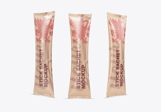Set of 3 Kraft Stick Sachets Mockup