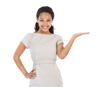 Happy, offer and portrait of woman on png background for idea, decision and choice. Promotion, smile and product placement with business female isolated on transparent for open hands, deal and show