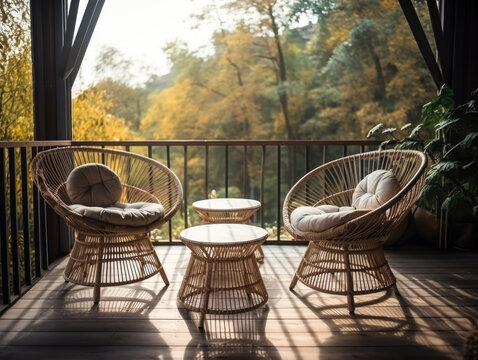 outdoor furniture rattan chairs and table on terrace Generative AI