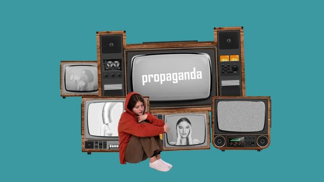 Sad young gil sitting in front of retro TV screens talking fakes, disinformation. Stop motion, animation. Conceptual art. Concept of creativity, mass media influence, information, propaganda. Retro