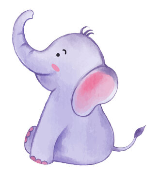Elephant . Watercolor paint design . Cute animal cartoon character . Sitting position . Vector .