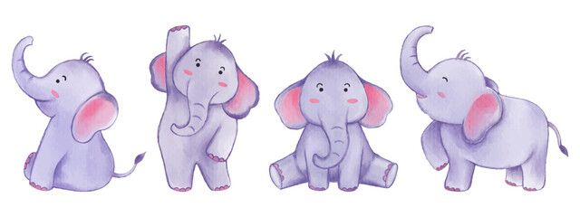 Elephant . Watercolor paint design . Set of cute animal cartoon character . Vector .