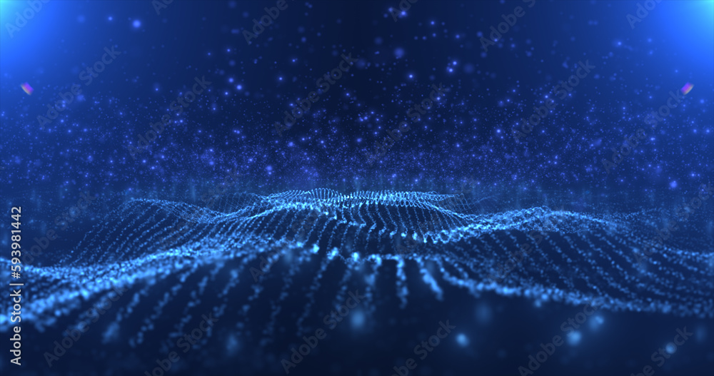 Poster abstract blue waves lines from particles and dots of energetic magic with glow effect and blur bokeh