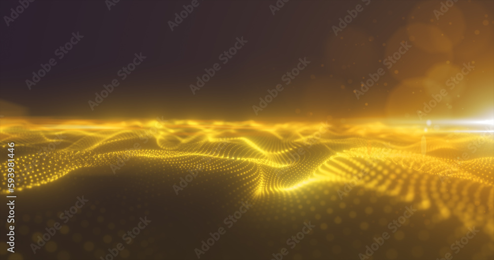 Poster abstract yellow energy surface with magic waves of particles and points with an endation background 
