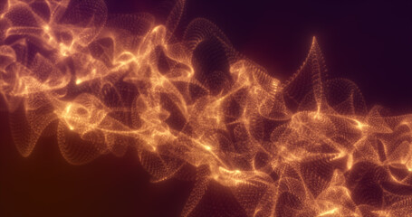 Abstract orange gold energy waves from futuristic hi-tech mesh particles glowing background