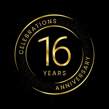 16th anniversary, golden anniversary with a circle, line, and glitter on a black background.