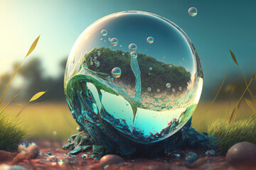 glass ball with water splash and drops on the blue background. concept of ecology. AI Generated