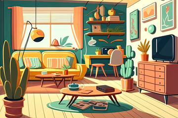 Cozy living room interior, colorful and bright illustration in cartoon style. Generative AI